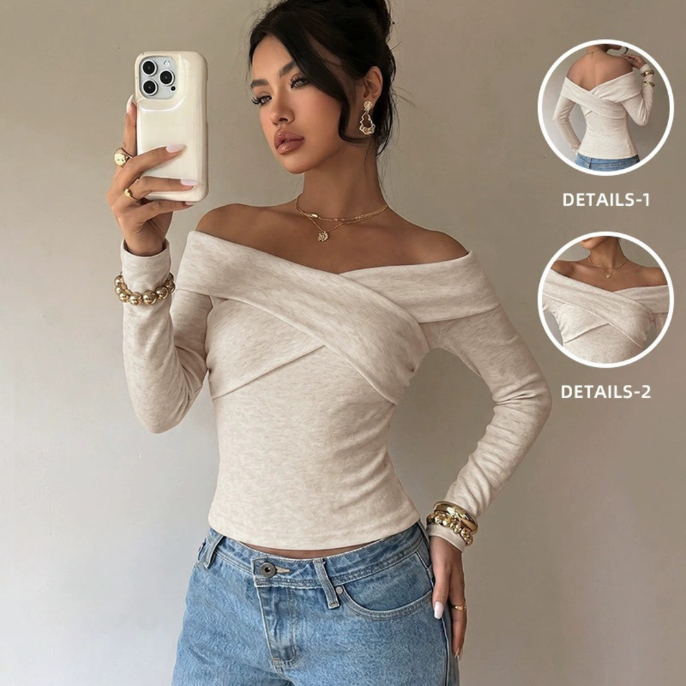 French Chic Women Autumn Winter Cross Neck Off Shoulder Slim Fit Long Sleeve Top